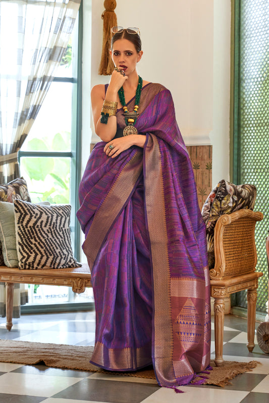 Dark Purple Tussar Woven Designer Silk Saree for Weddings