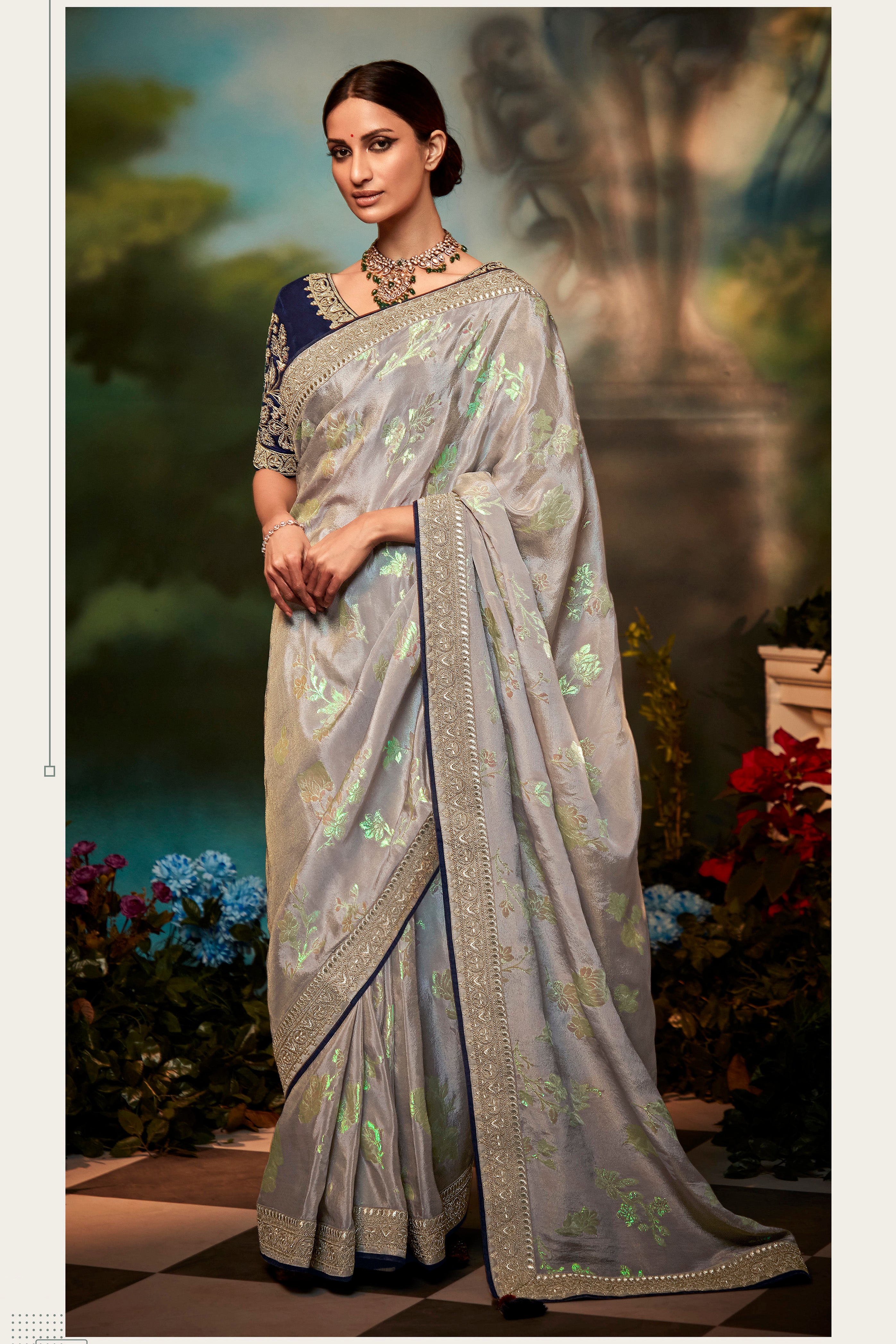 Silver Moon Feather Light Organza Saree with Designer Blouse – SHE IN SAREES