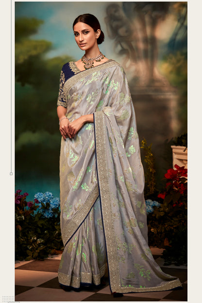 Silver Feather Light Organza Saree with Designer Blouse