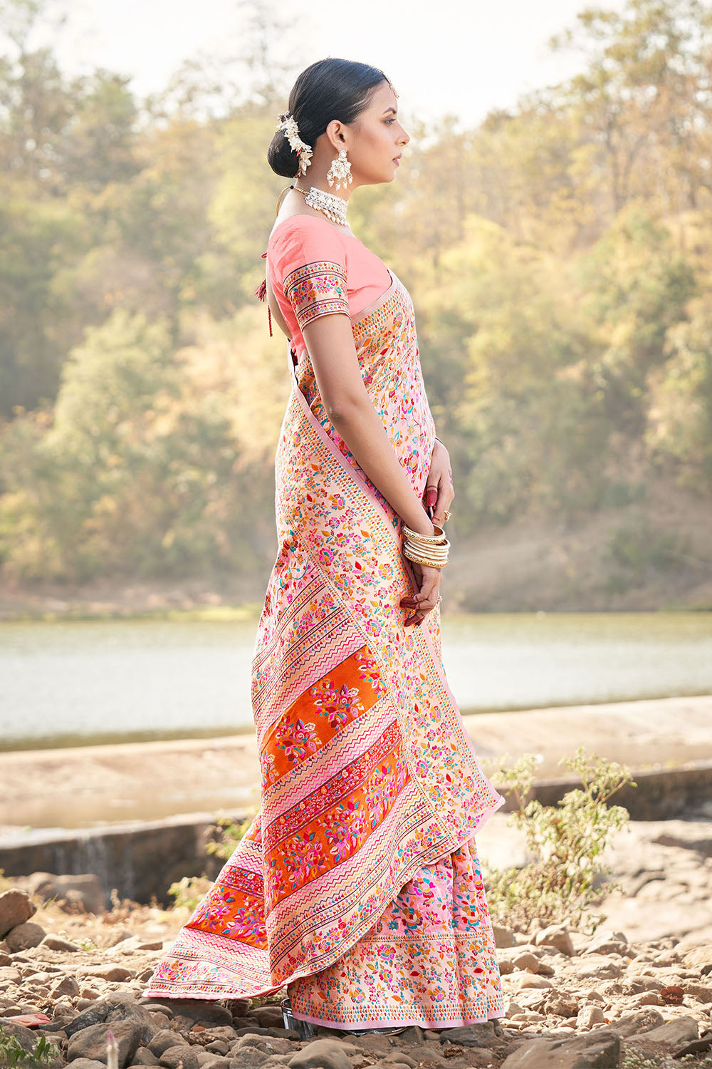 Peach Woven Kashmiri Designer Saree with Intricate Zari Border and Pallu