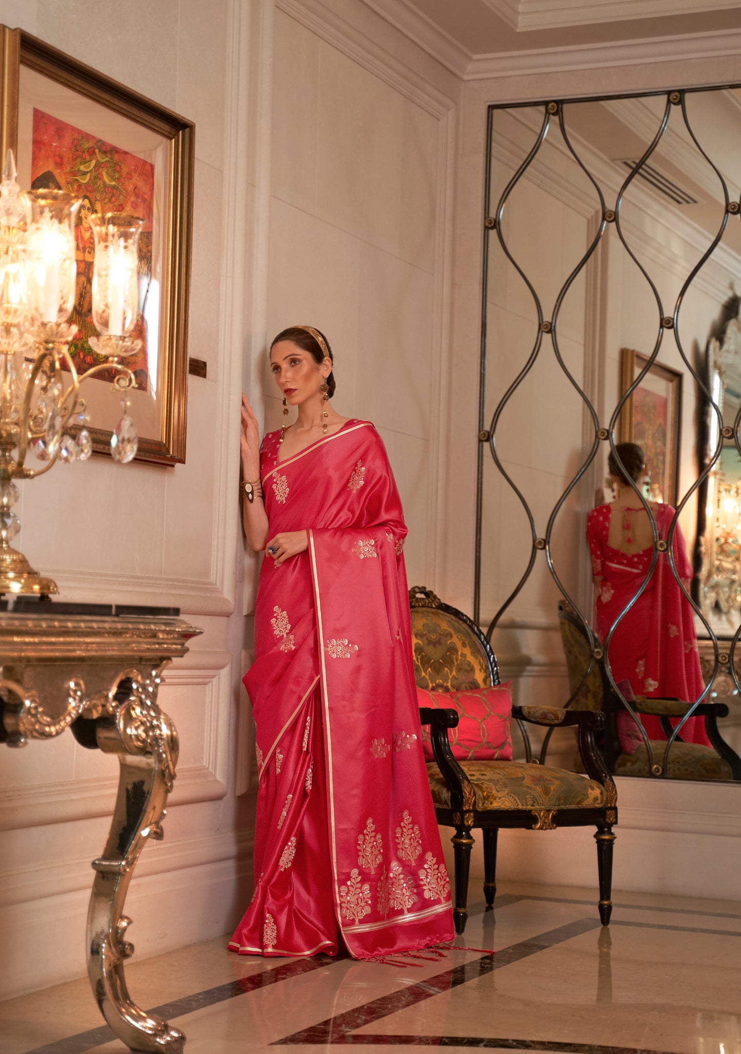 Cerise Red Pure Satin Silk Handloom Weaving Saree
