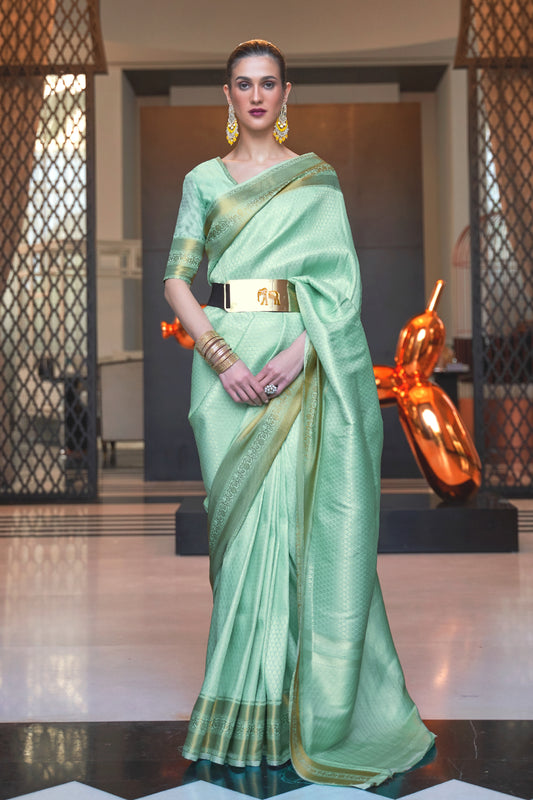 Turquoise Golden Kanjivaram Silk Saree with Antique Finish & Glossy Texture