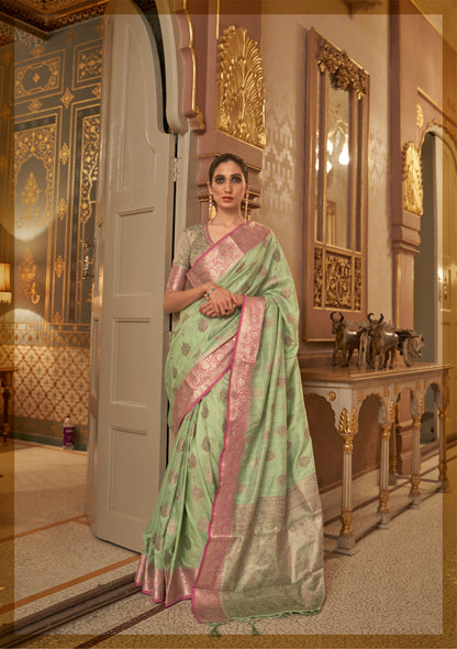 Green with Pink Soft Tussar Silk Saree with Copper Zari Butti