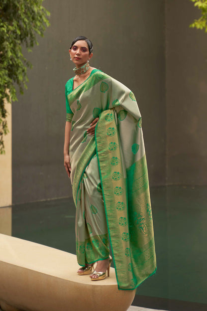 Chartreuse Green Designer Kanjivaram Silk Saree with Antique Finish