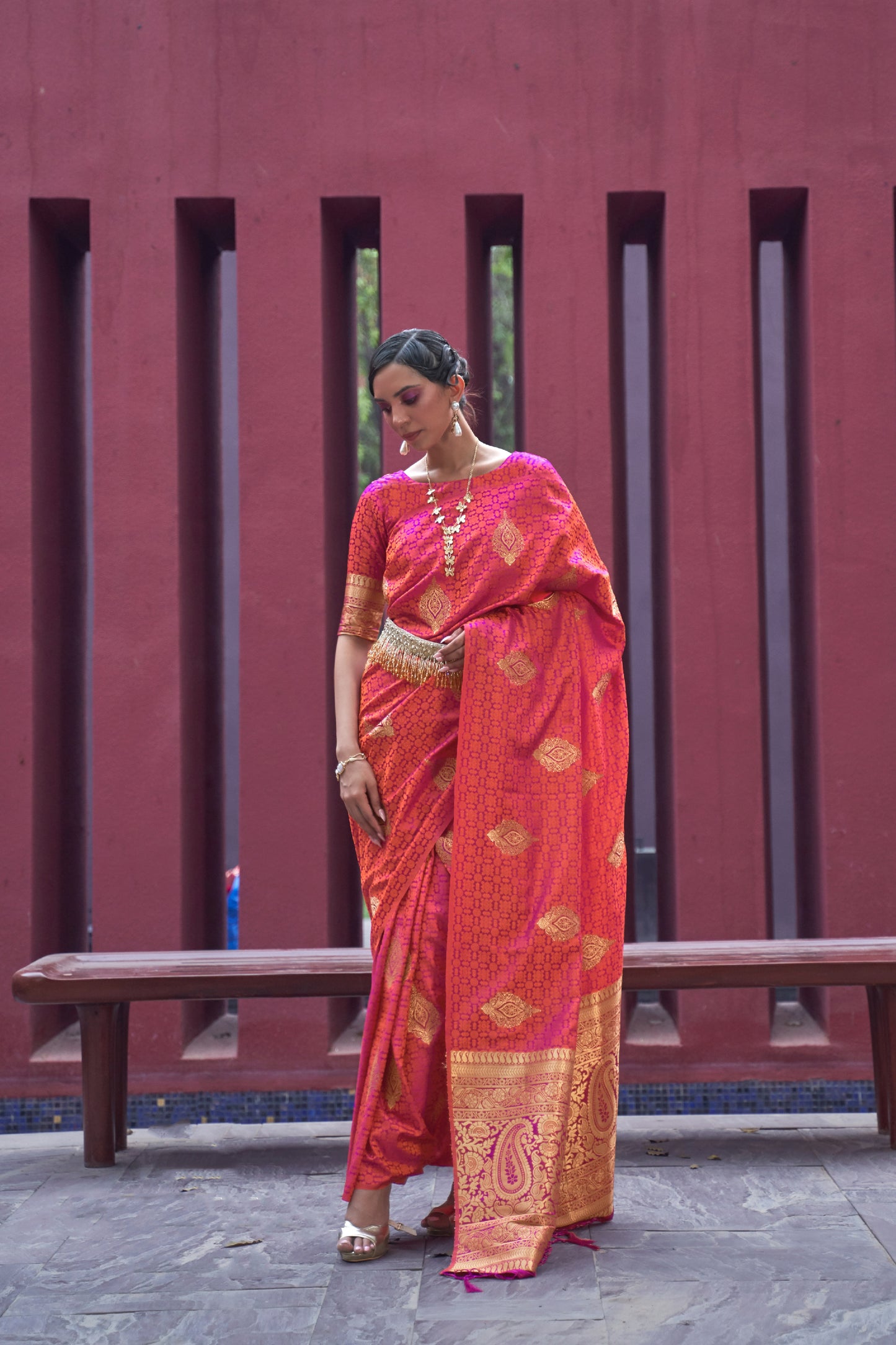 Orange/Pink Dual Tone Kanjivaram Style Silk Saree with Zari