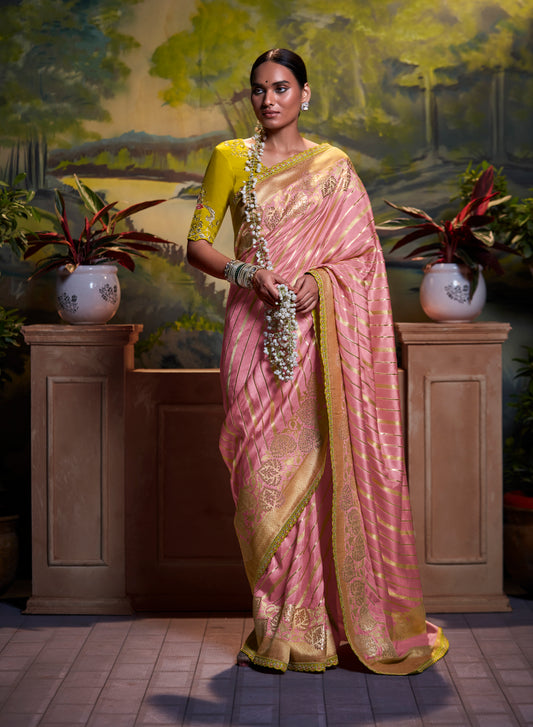 Bubble Pink Leheriya Style Woven Banarasi Saree with Yellow Blouse