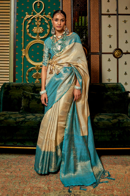 Ivory Blue Soft Zari Woven Kanjivaram Saree for Weddings and Festivals