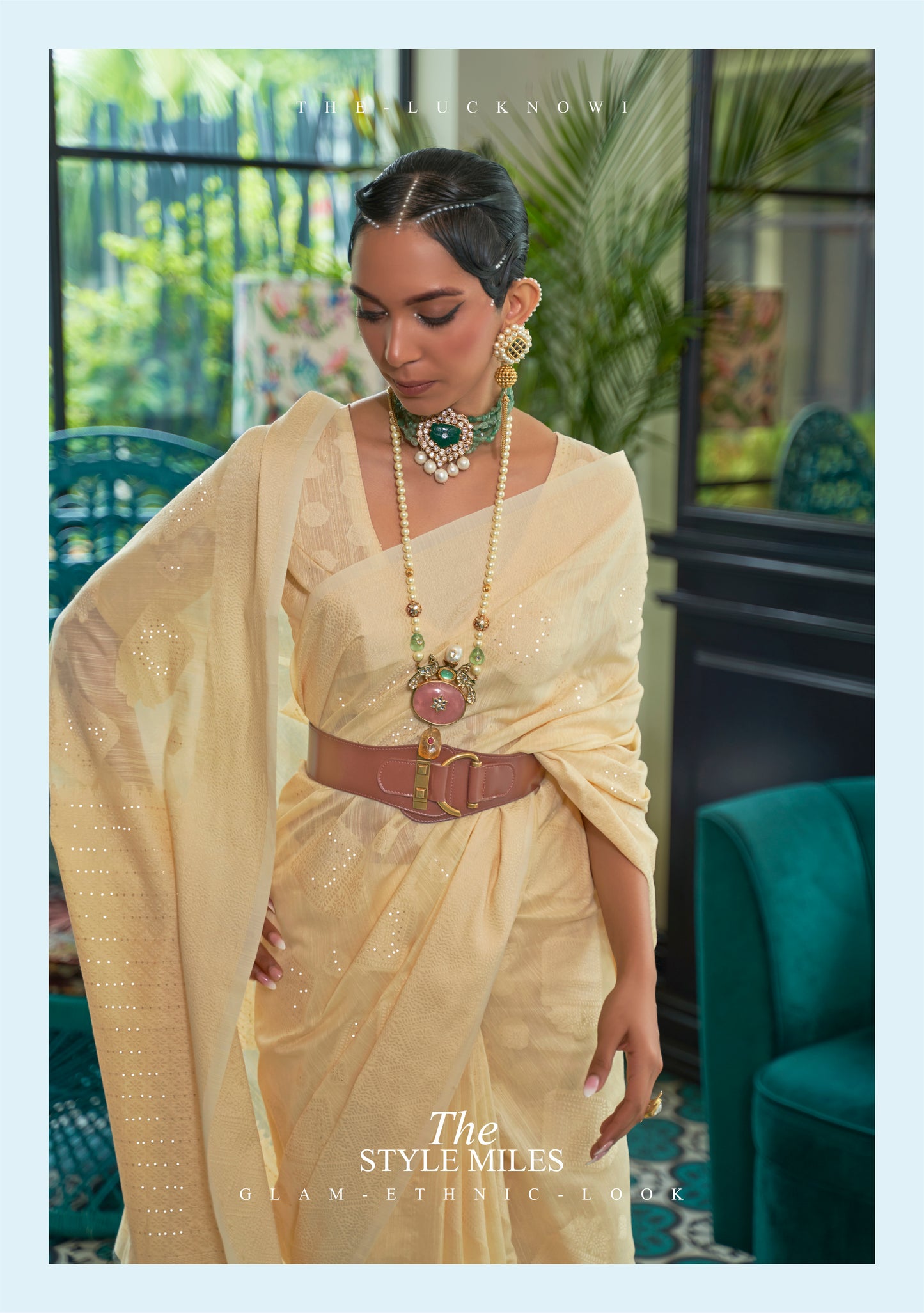 Mild Yellow Woven Lucknowi Saree in Pure Modal Silk