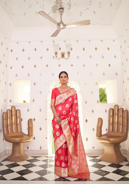 Bright Peach  Stunning Zari Woven Kanjivaram Silk Saree