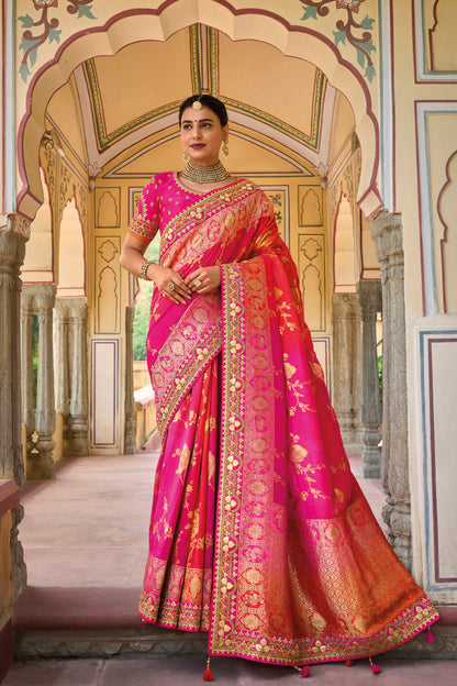 Ombre Pink Orange  Dola Silk Big Bordered Designer Saree with Embroidered Blouse