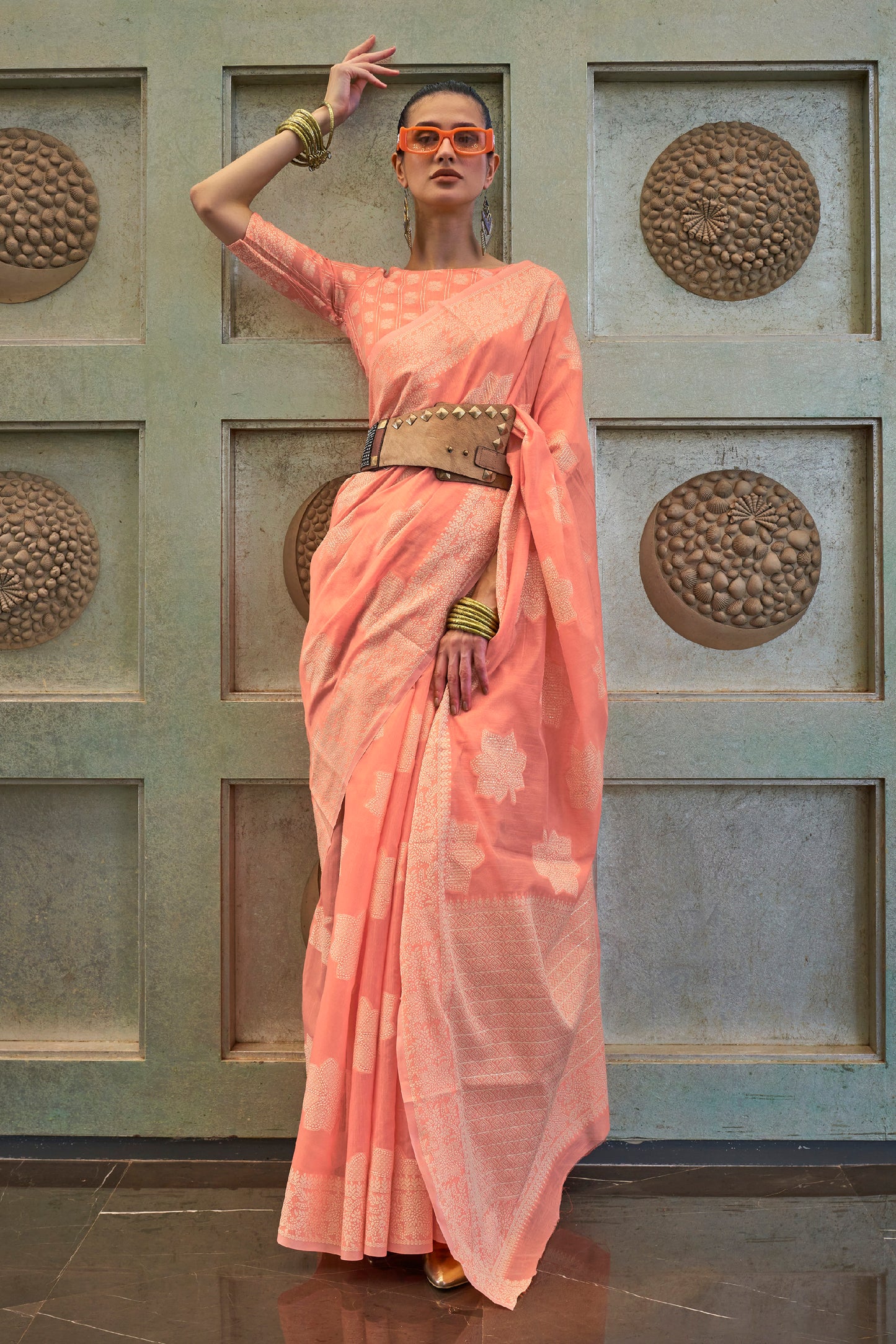 Salmon Lucknowi Chikenkari Threadwork Saree with Beautiful Blouse