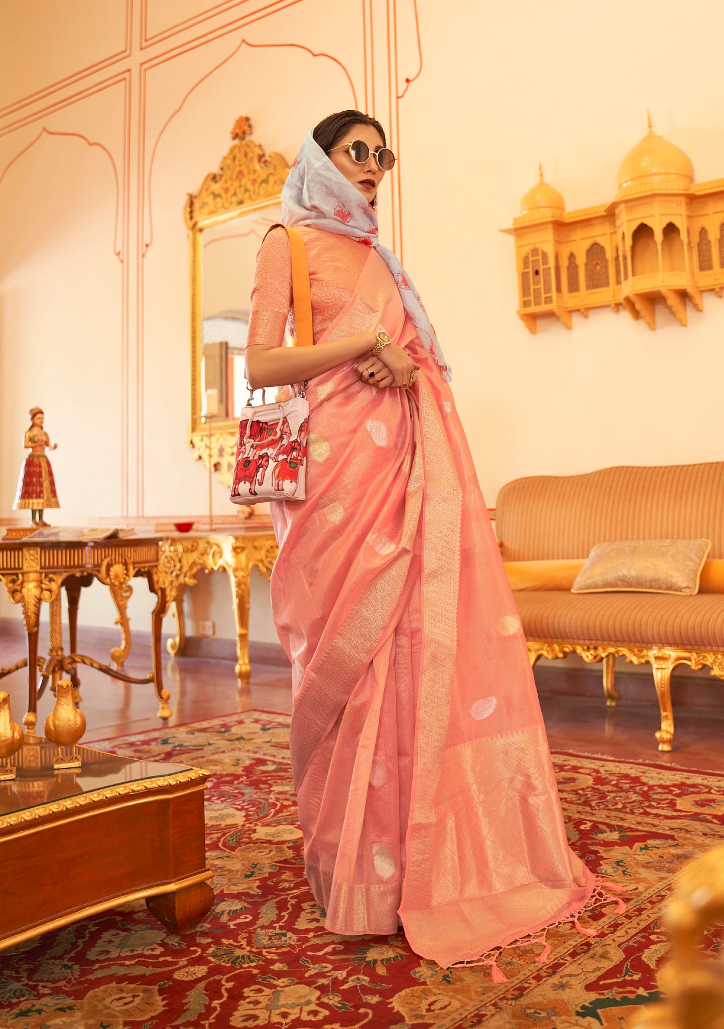 Coral Orange Woven Designer Tissue Saree for Weddings