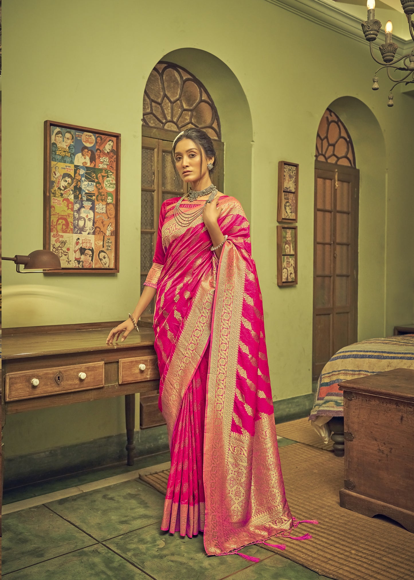 Bright Pink Soft Banarasi Saree with Lehariya Style Zari Weaving