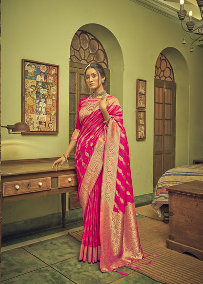 Bright Pink Soft Banarasi Saree with Lehariya Style Zari Weaving