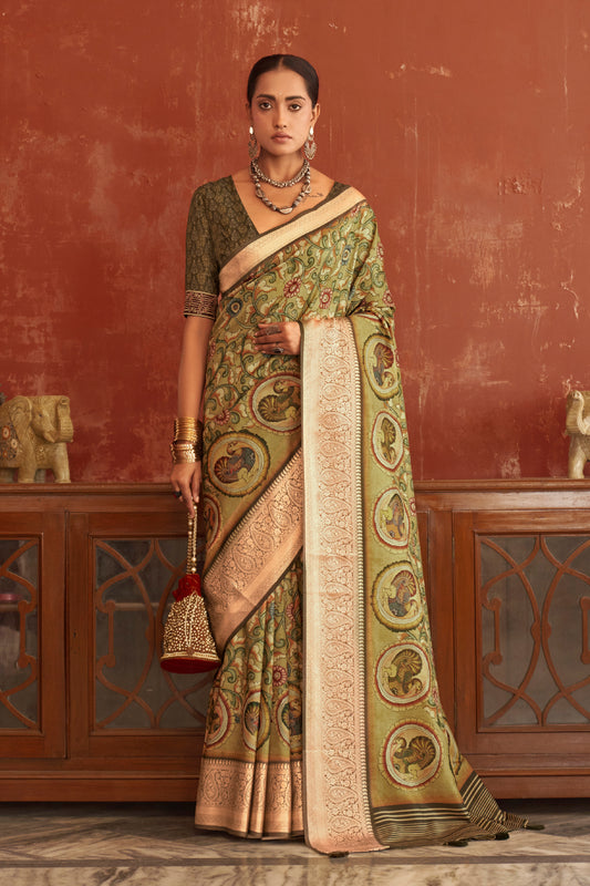 Olive Green Pen Kalamkari Printed Silk Saree with Woven Kanchi Pallu