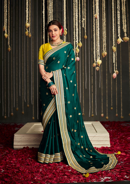 Moss Green Satin Silk Designer Saree with Yellow Blouse