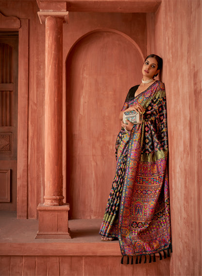 Midnight Black Multi-color Kashmiri Pashmina Inspired Silk Saree For Wedding Reception