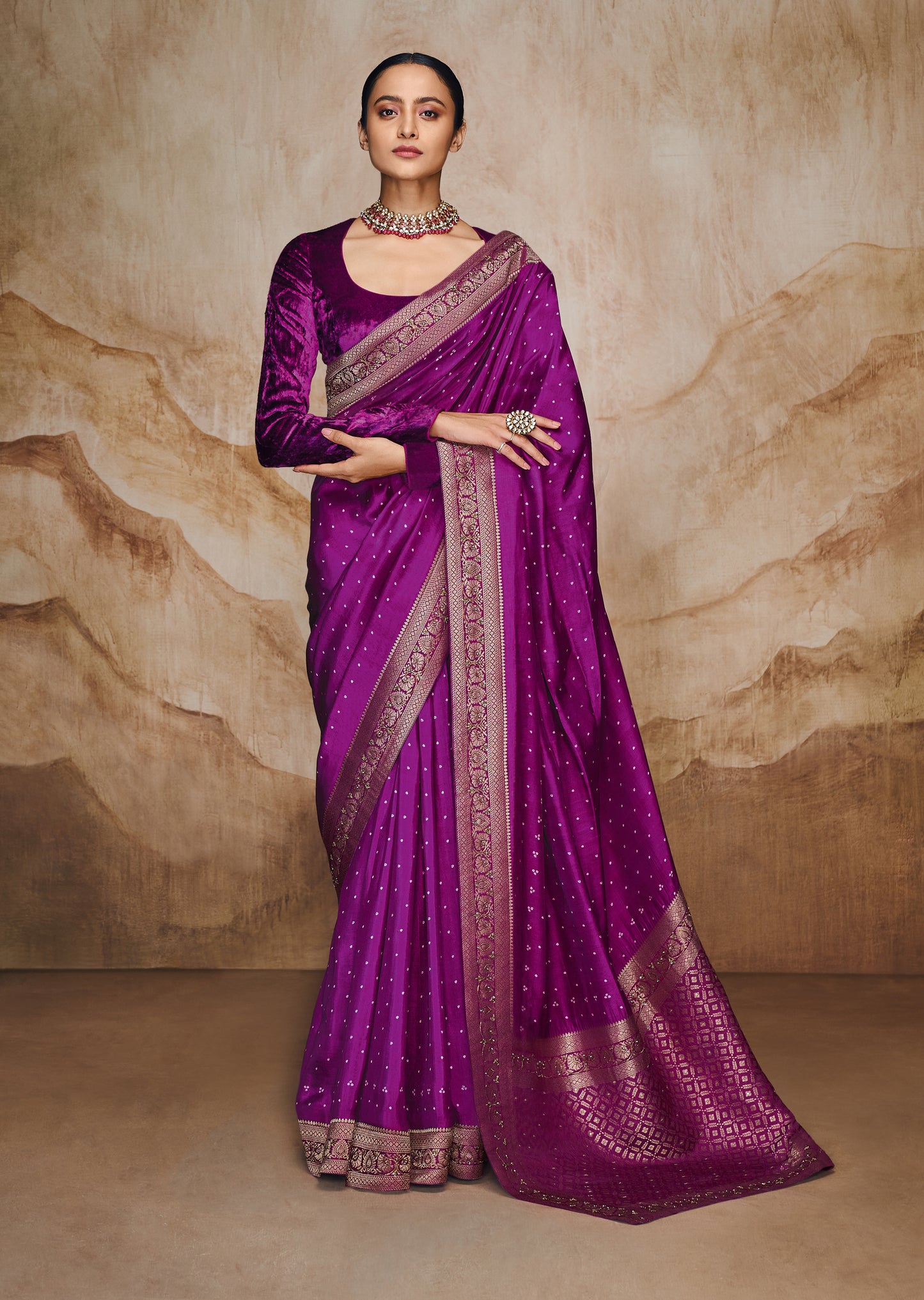 Dark Jamun Purple Bandhani Saree with Hand Embroidered Border and Velvet Blouse