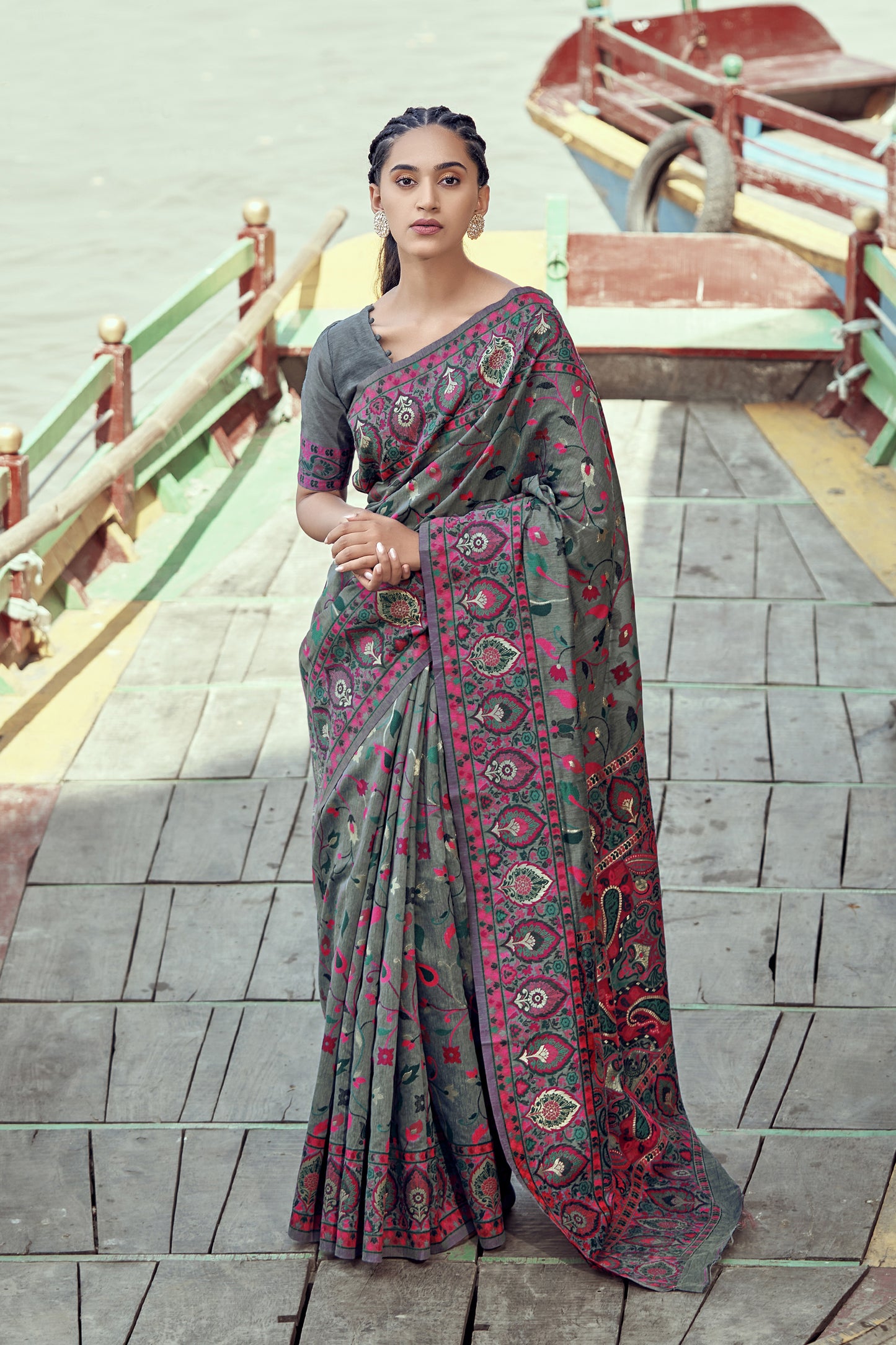 Cement Grey Kashmiri Modal Handloom Silk Saree for Weddings and Festivals