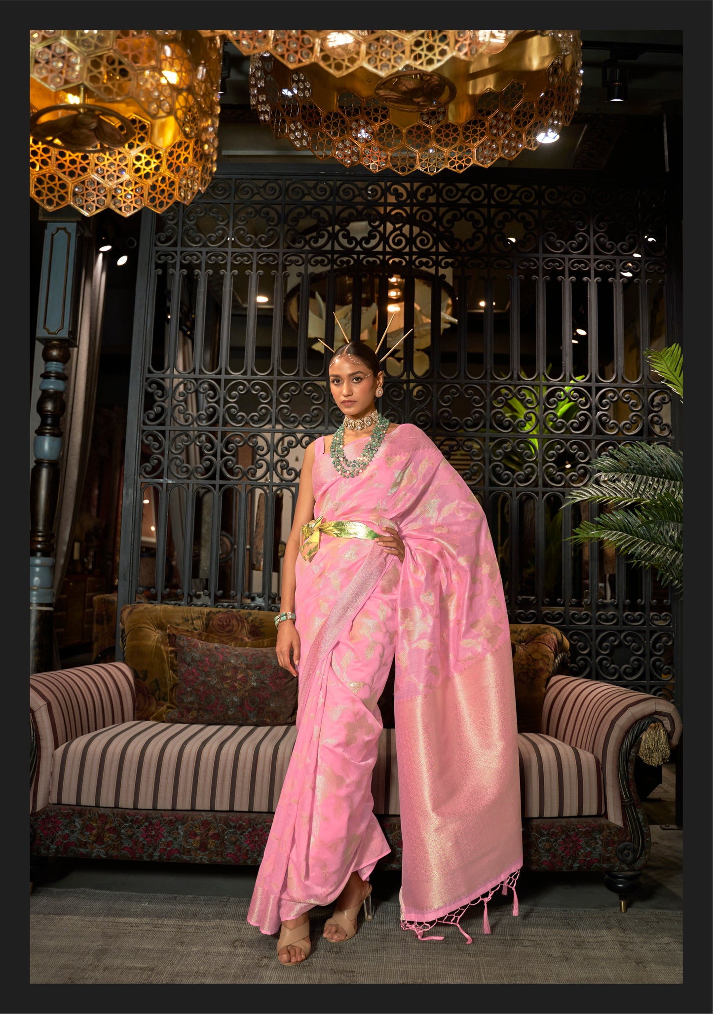 Barbie Pink Woven Banarasi Jungla Jaal Soft Silk Saree