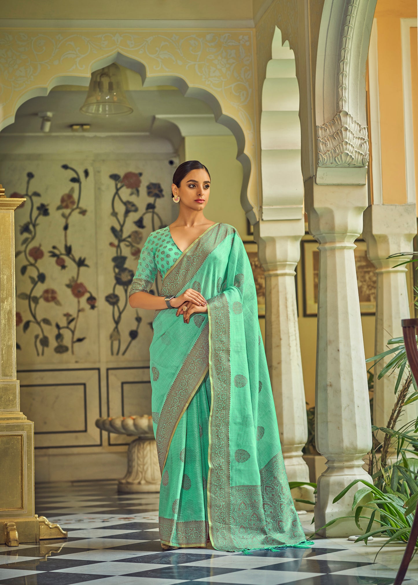 Mint Green Woven Linen Silk Saree