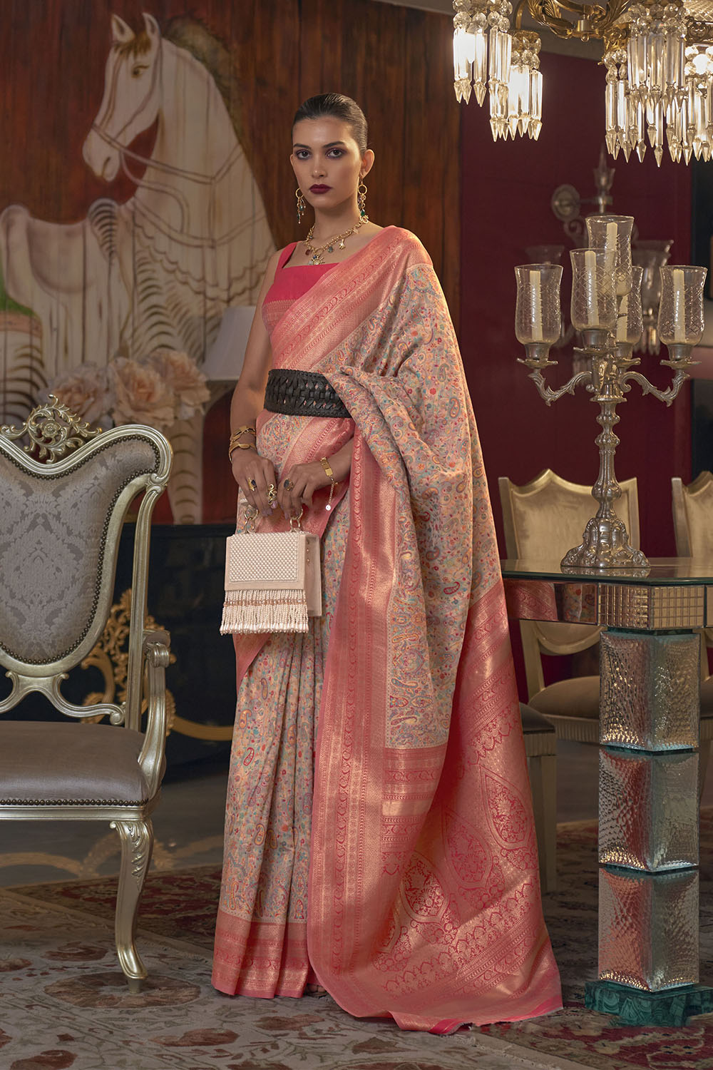 Light Pink with Peach Pashmina Inspired Kani Silk Saree for Woman