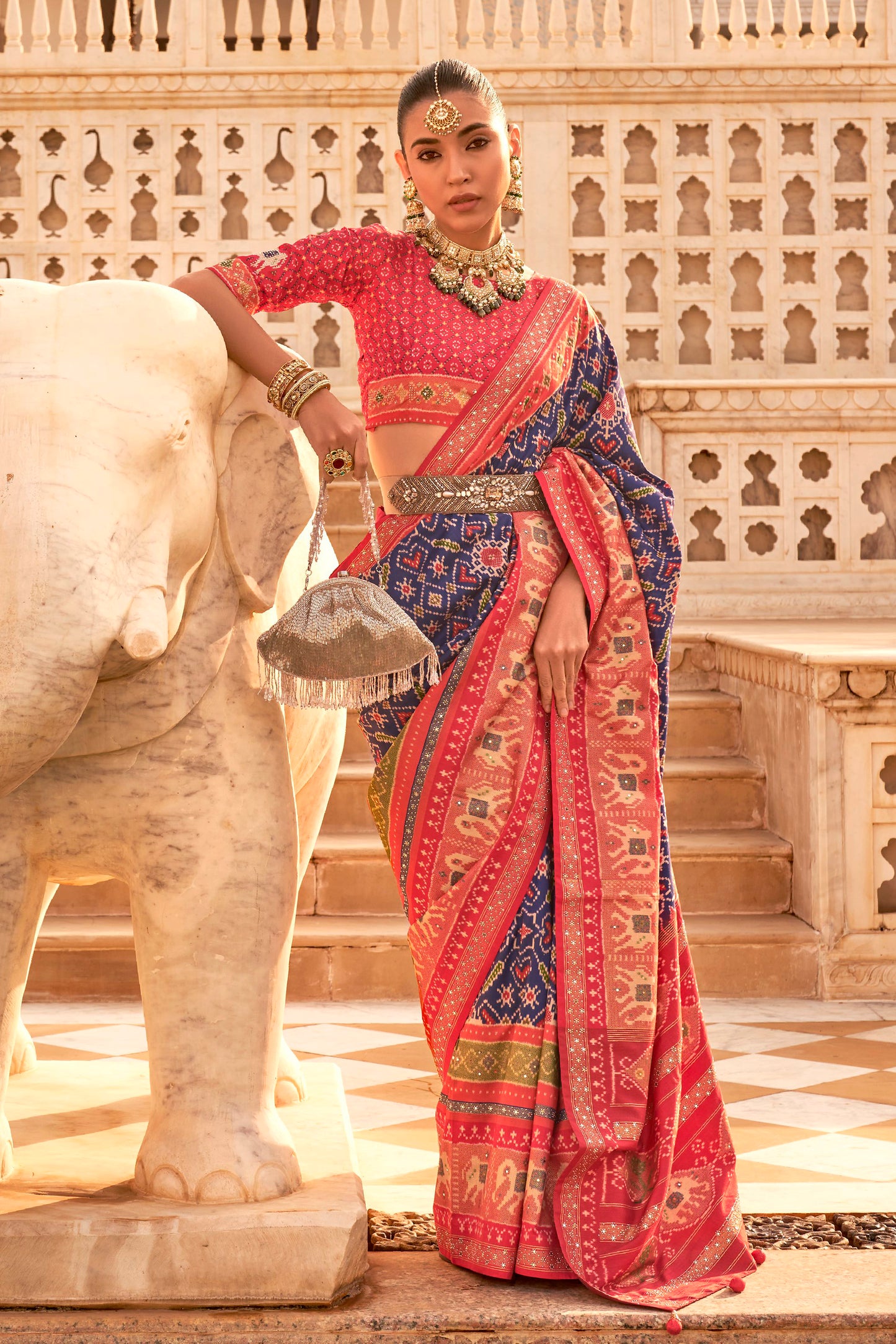 Ink Blue Woven Patola Designer Saree with Elephant Border