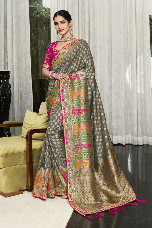 Stunning Grey Soft Banarasi Woven Silk Saree with Dark Pink Blouse