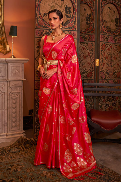 Bright Red Pure Satin Weaving Silk Saree with Dual Zari Butti