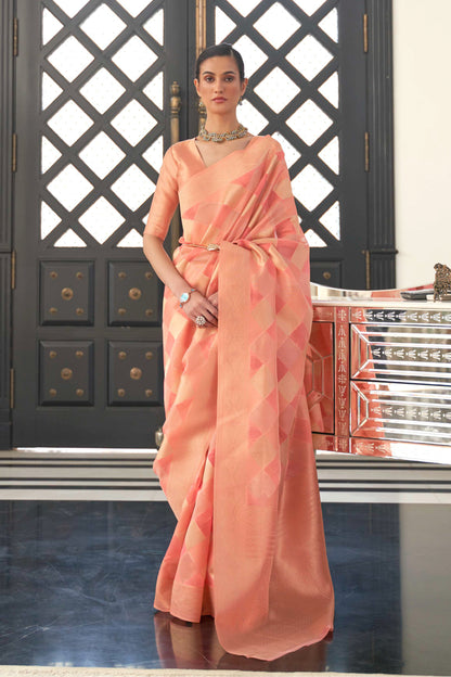 Peach Golden Soft Banarasi Organza Silk Saree with Blouse