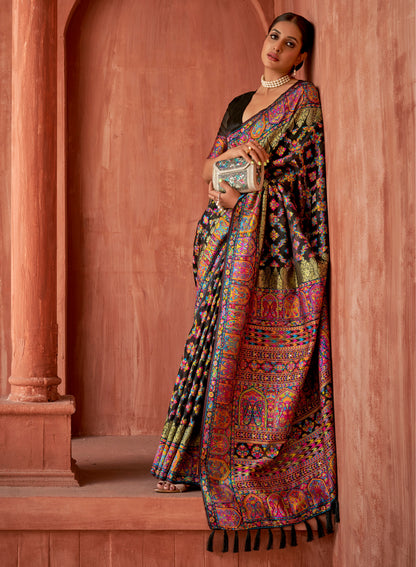 Midnight Black Multi-color Kashmiri Pashmina Inspired Silk Saree For Wedding Reception