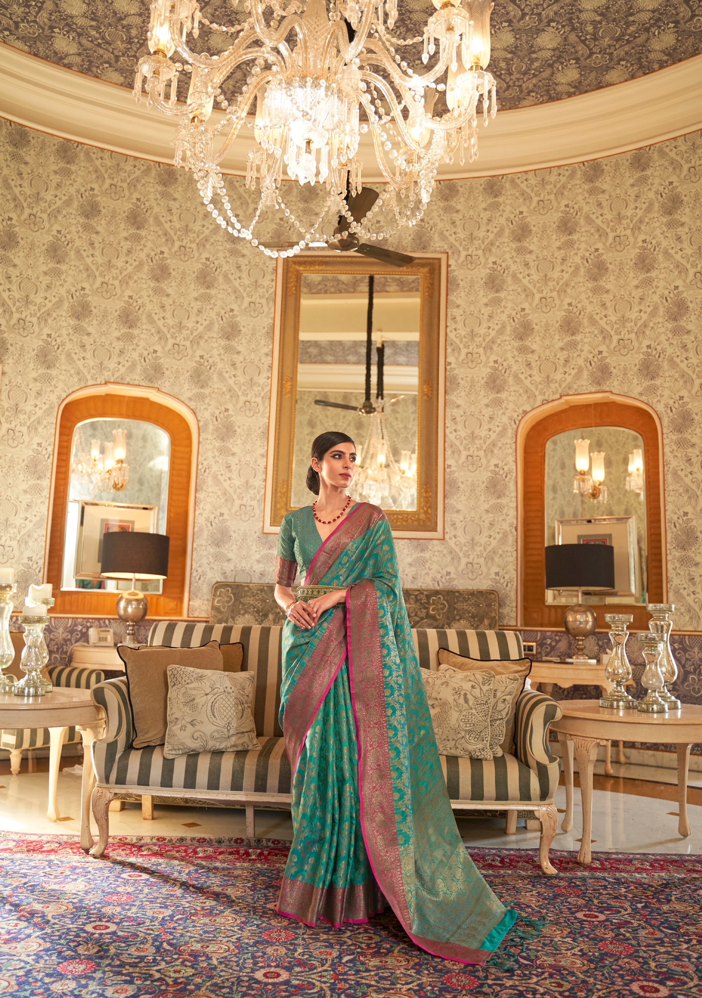 Pine Green and Golden Banarasi Weaving Silk Saree for Wedding Reception