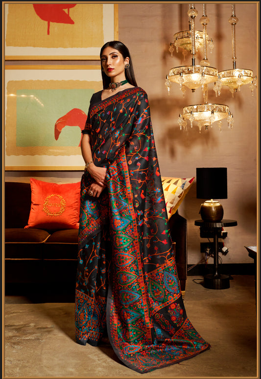 Black and Multi Colored Kashmiri Silk Saree for Wedding Reception & Festivals