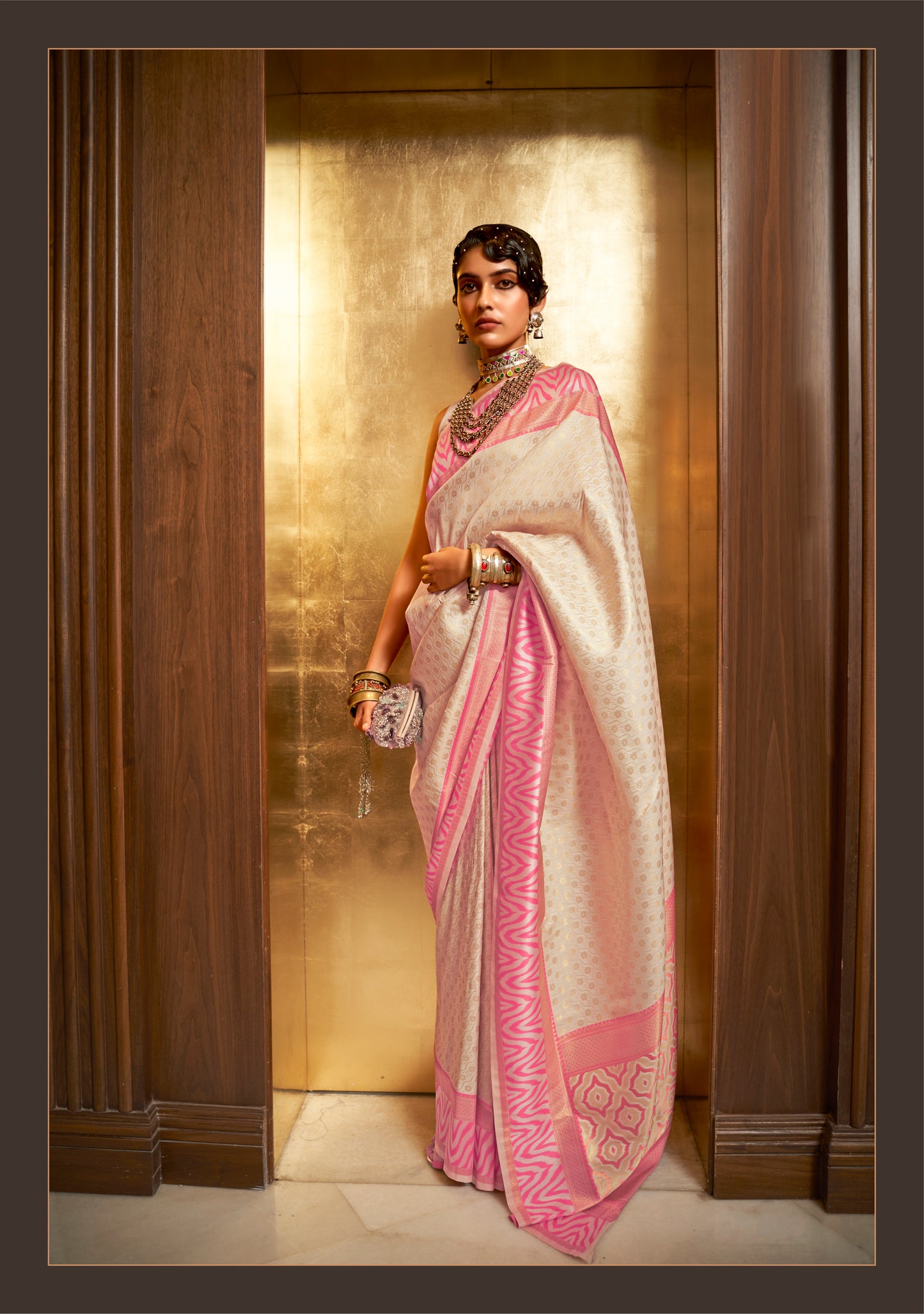 Golden White Banarasi Silk Saree with Designer Blouse for Women