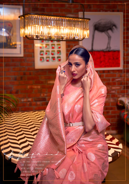 Coral Pink Woven Linen Silk Saree For Pretty You