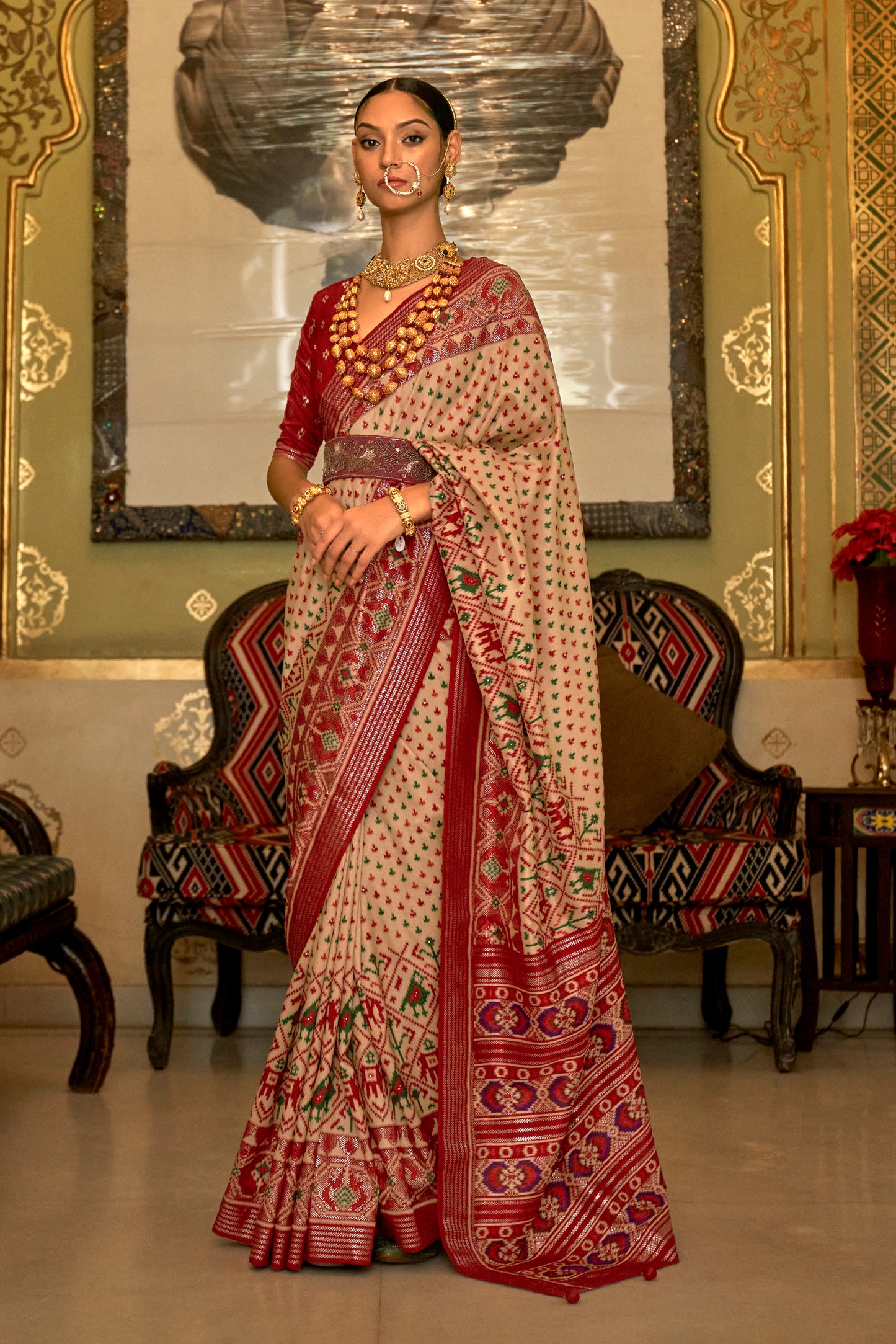 Cream with Red Ikat Design Patola Saree with Patola Border and Blouse