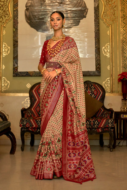 Cream with Red Ikat Design Patola Saree with Patola Border and Blouse