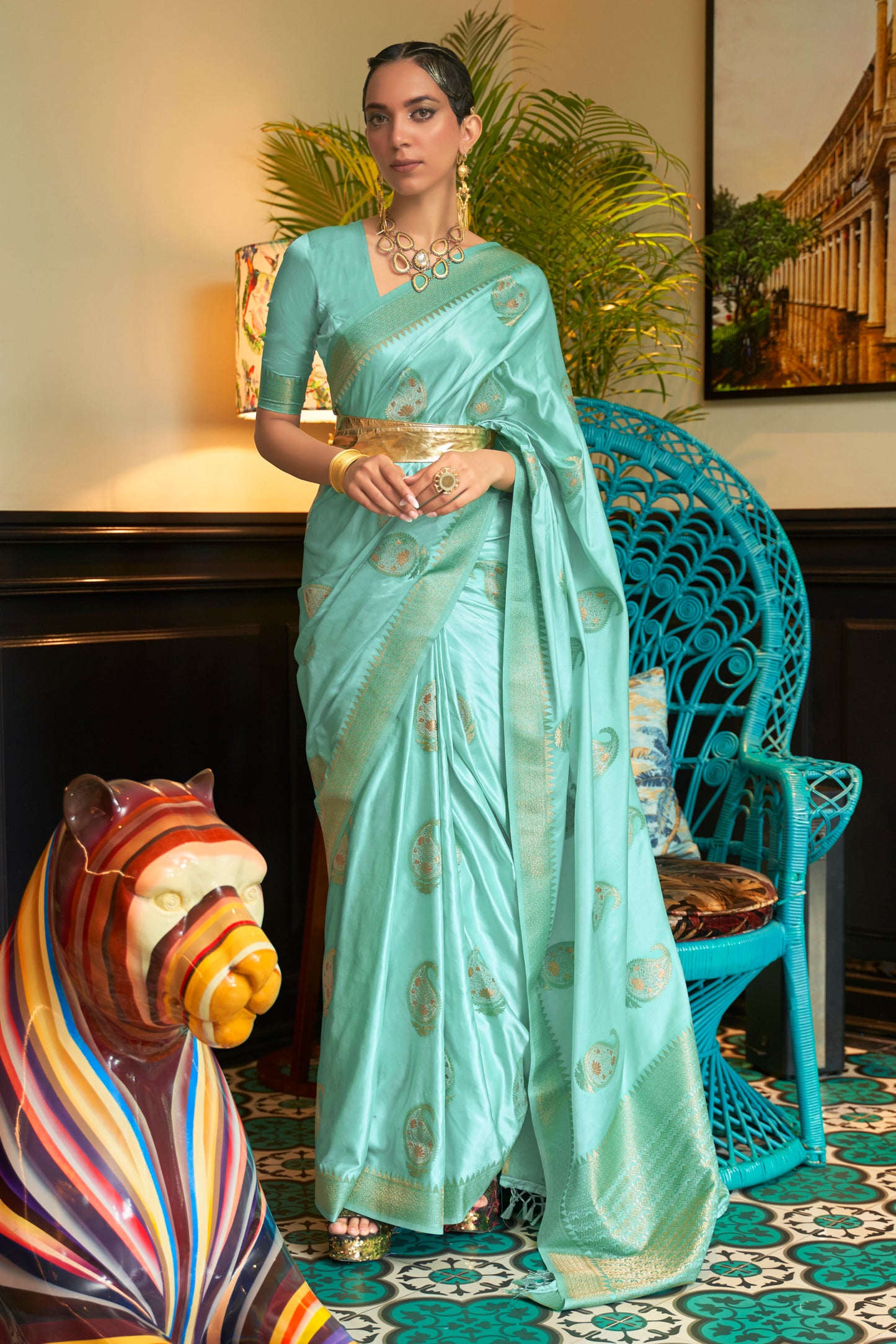 Arctic Blue Pure Satin Two Tone Weaving Silk Saree For Wedding