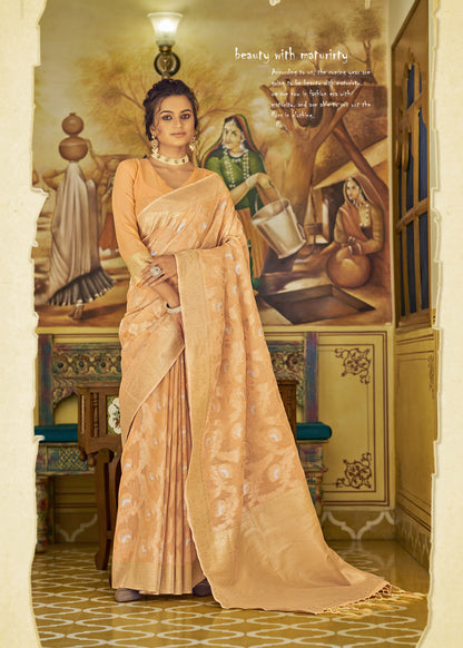 Powder Orange Banarasi Jungla Jaal Zari Woven Saree for Weddings