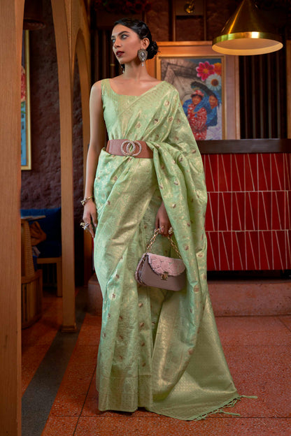 Pale Green Woven Banarasi Jungla Jaal Soft Silk Saree