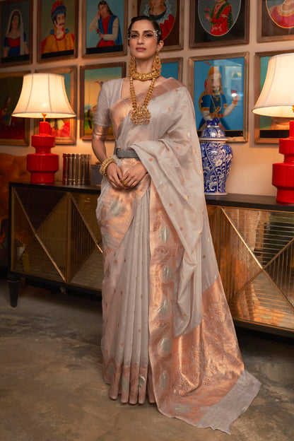 Stunning Ivory Copper Zari Woven Designer Banarasi Organza Saree
