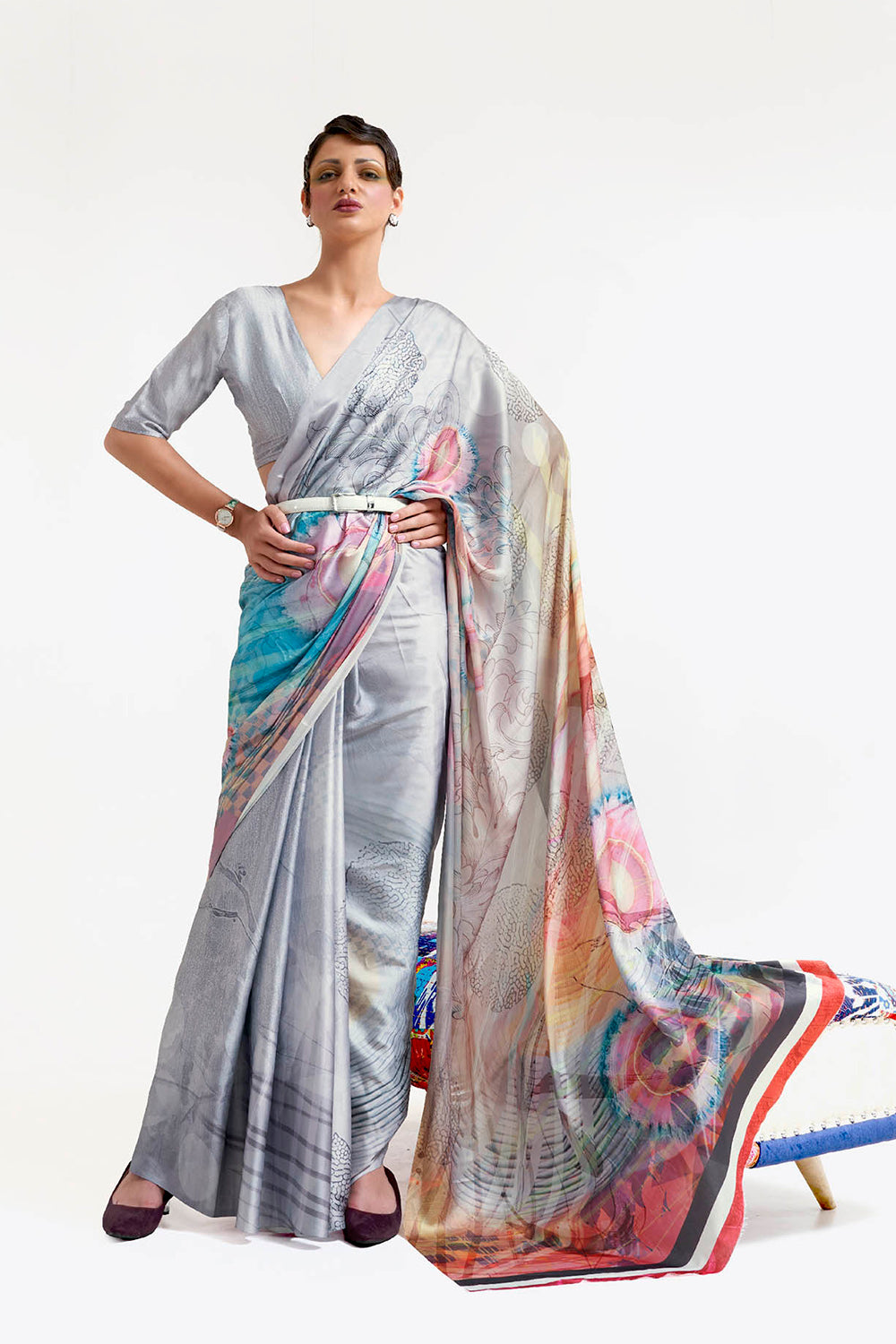 Light Silver  Designer Pure Satin Silk Saree with Blouse