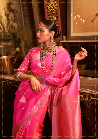 Jam Pink Designer Kanjivaram Saree With Copper Zari Pallu