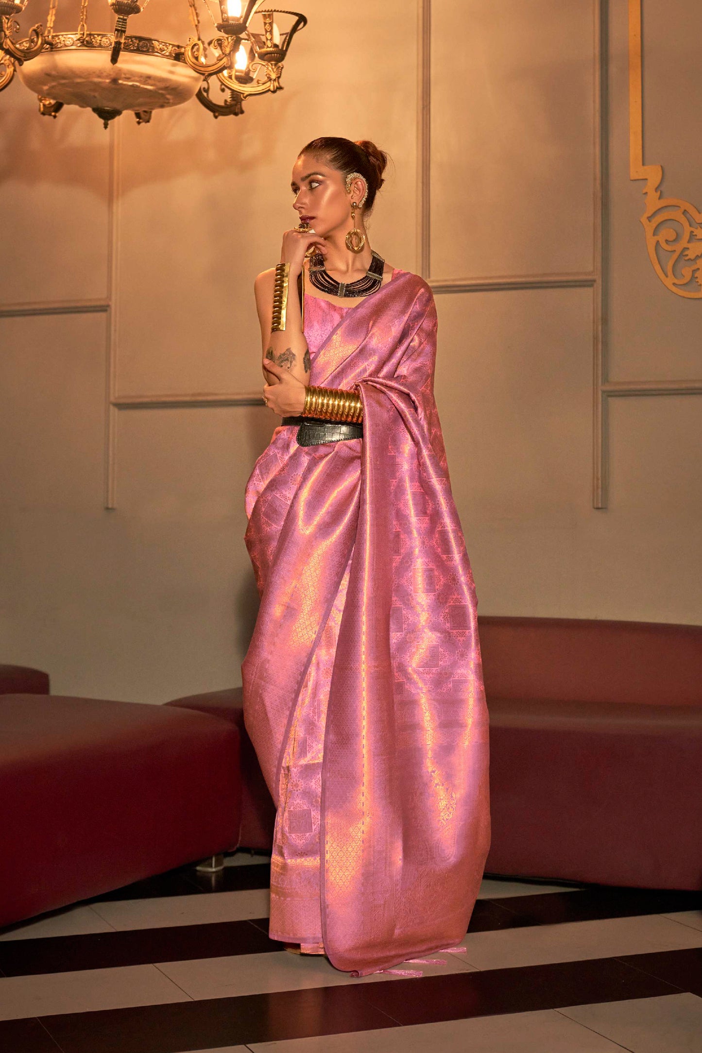 French Pink Zari Woven Kanjivaram Silk Saree