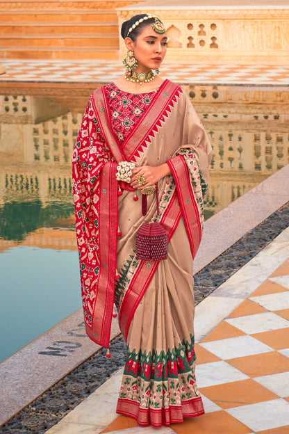 Coffee Brown Patola Inspired Designer Embellished Bordered Saree