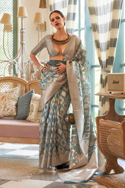 Amethyst Grey Soft Tissue Zari Jaal Weaving Saree for Weddings