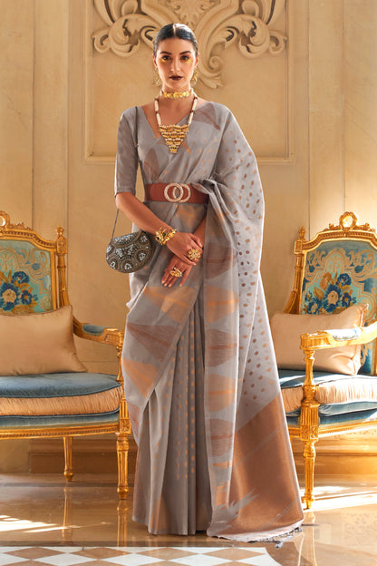 Smoke Grey Temple Bordered Designer Soft Tissue Saree for Weddings