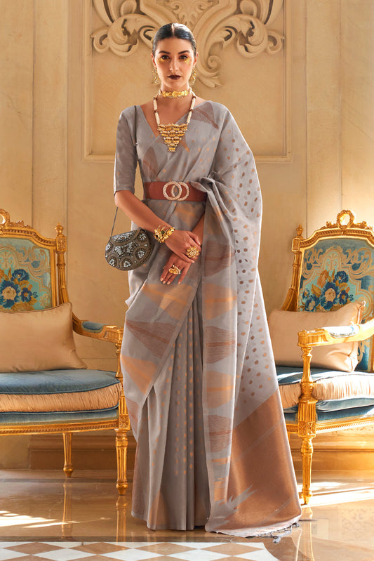 Smoke Grey Temple Bordered Designer Soft Tissue Saree for Weddings