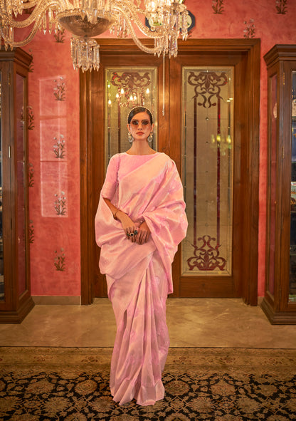 Carnation Pink Soft Banarasi Zari Woven Designer Saree