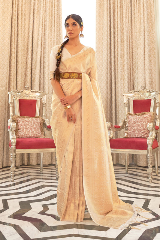 Ivory White Woven Brocade Kanjivaram Saree with Peacock Border